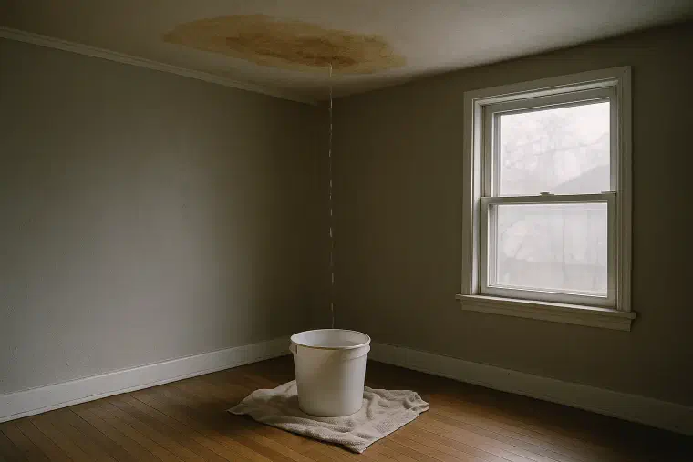 Bucket catching a ceiling drip Plastic bucket and towels on a wooden floor catching drips from a stained ceiling.