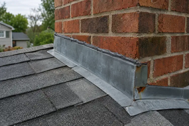 Metal step flashing where a brick chimney meets a shingle roof.