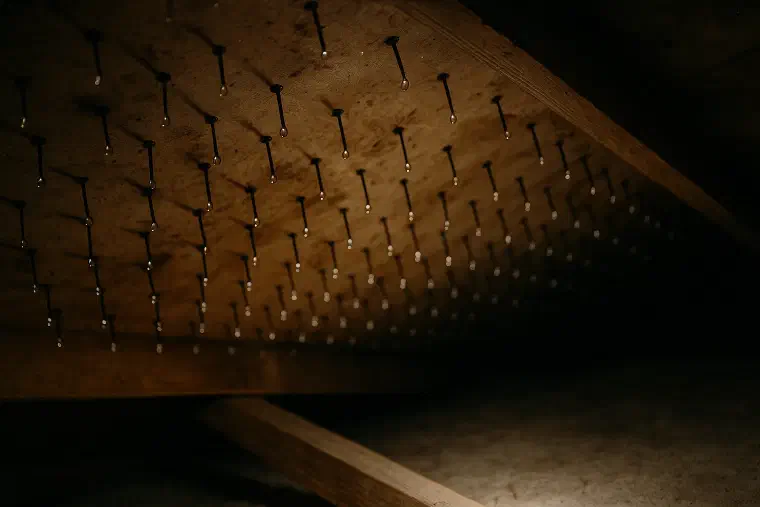 Condensation beading on attic nails Rows of nail points inside an attic roof beaded with condensation droplets.