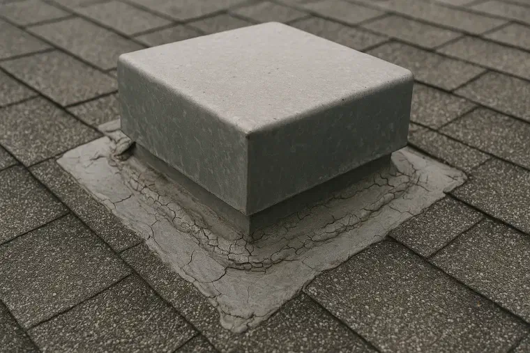 Cracked sealant at a roof vent Old sealant crazed and lifting around the base of a metal roof vent.