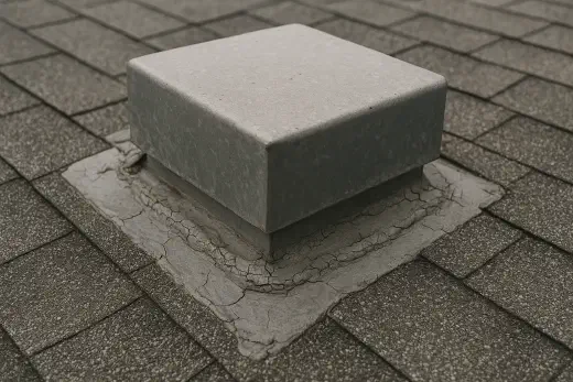 Cracked sealant at a roof vent Old sealant crazed and lifting around the base of a metal roof vent.