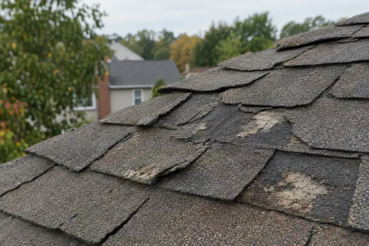 Weathered asphalt shingles curling at the edges and split, with bald worn patches.