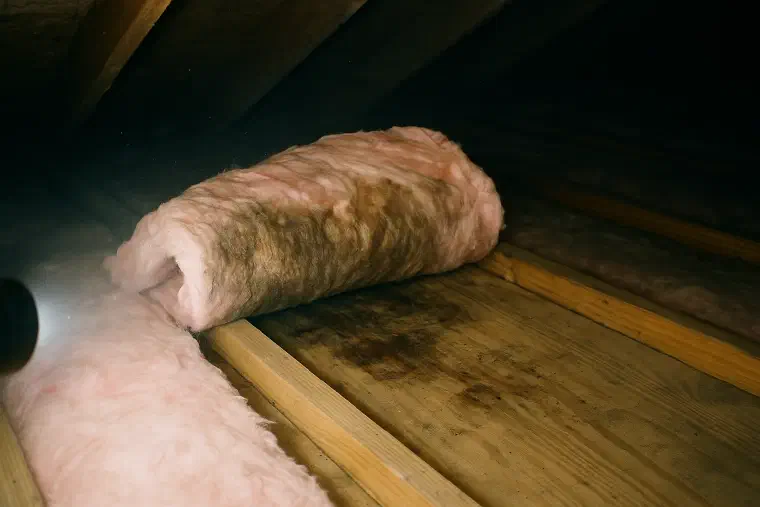 Damp insulation pulled back from rafters Pink attic insulation folded back to show damp, darkened joists underneath.