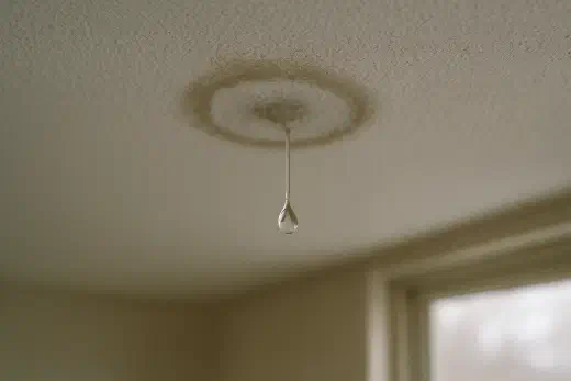 Drip forming on a ceiling Single drop of water hanging from a damp ring on a white ceiling indoors.