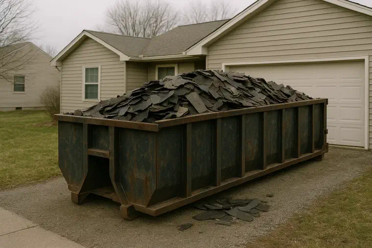 Dumpster of torn-off shingles Roll-off dumpster on a driveway heaped with torn-off grey shingle debris.