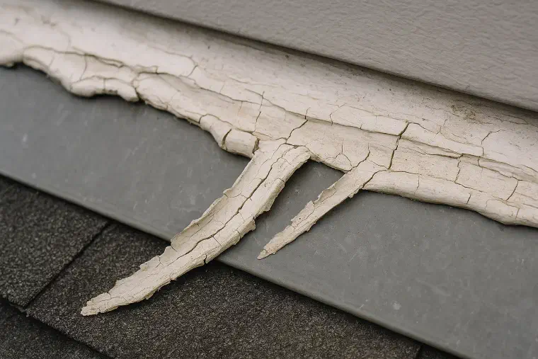 Failed caulk over flashing Thick old caulk smeared over roof flashing, now cracked and pulling loose.