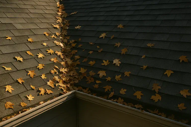 Fall leaves on a roof Autumn leaves scattered across an asphalt shingle roof on a clear day.
