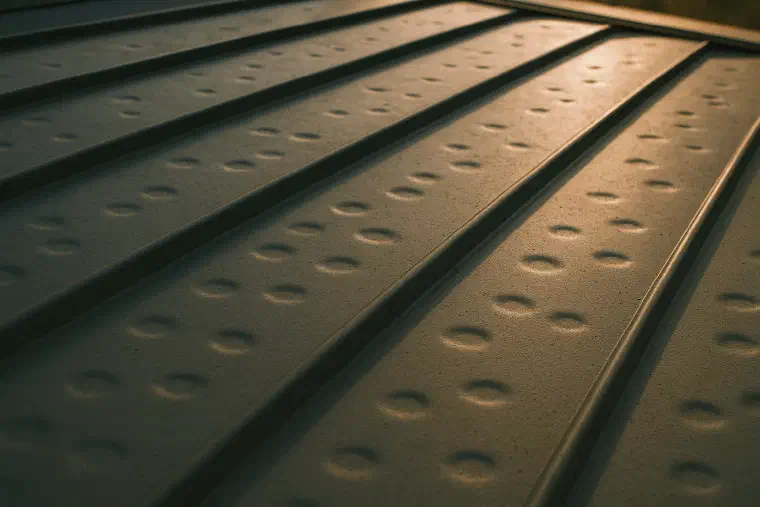 Hail dents on a metal panel Shallow hail dents dimpling the surface of a painted metal roof panel.