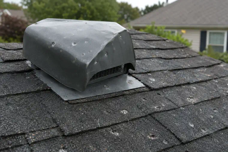 Metal roof vent cap and nearby shingles marked with small round hail dents.