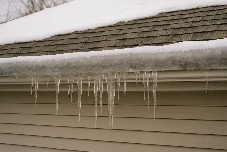 Ice dam at a roof eave A ridge of ice and hanging icicles built up along a roof eave.