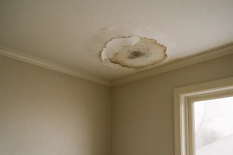 Mold behind peeling ceiling paint Bedroom ceiling paint bubbled and peeled away over a brown stain with grey mold.