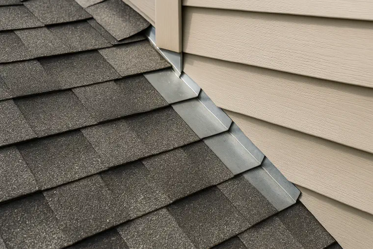 New step flashing against a wall Fresh metal step flashing installed where a roof slope meets a sided wall.