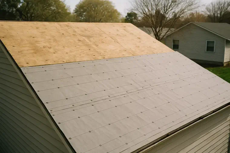 New underlayment half laid Half a roof deck covered in fresh synthetic underlayment, rest still bare plywood.