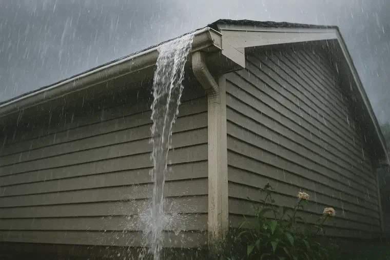 Rain overflowing a gutter Water sheeting over the front lip of a gutter during heavy rain.