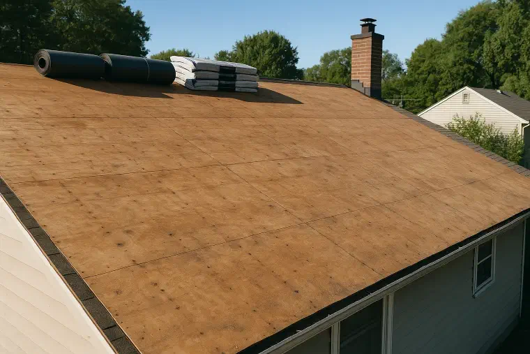 Roof stripped back to bare decking Whole roof slope stripped to bare plywood decking with felt rolls waiting nearby.