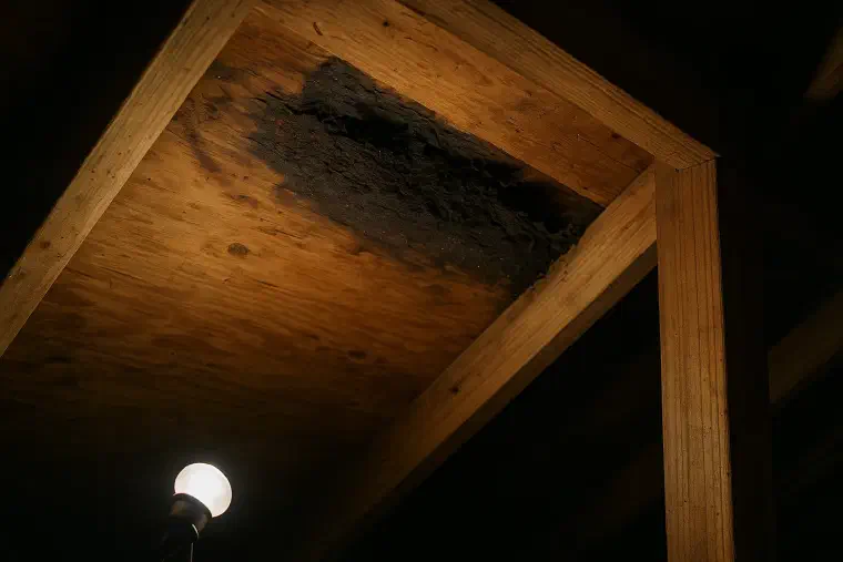Rotted roof deck from the attic Dark rotted plywood roof deck crumbling between rafters seen from inside an attic.