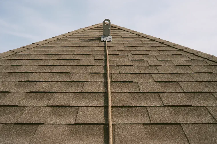 Safety anchor on a steep roof A steep roof slope with a safety anchor and rope fixed near the ridge.