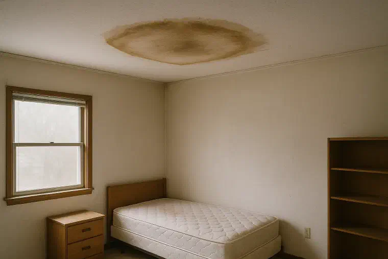 Sagging stained ceiling in a room Ceiling drywall bowed downward around a large brown stain in an empty room.