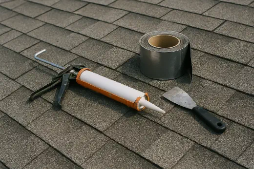 Sealant and flashing tape A caulk gun, sealant tube and roll of flashing tape on shingles.