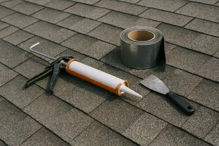 Sealant and flashing tape A caulk gun, sealant tube and roll of flashing tape on shingles.