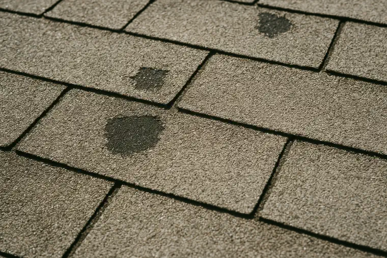 Shingle granules worn to the mat Close view of asphalt shingles with granules worn away showing black mat beneath.