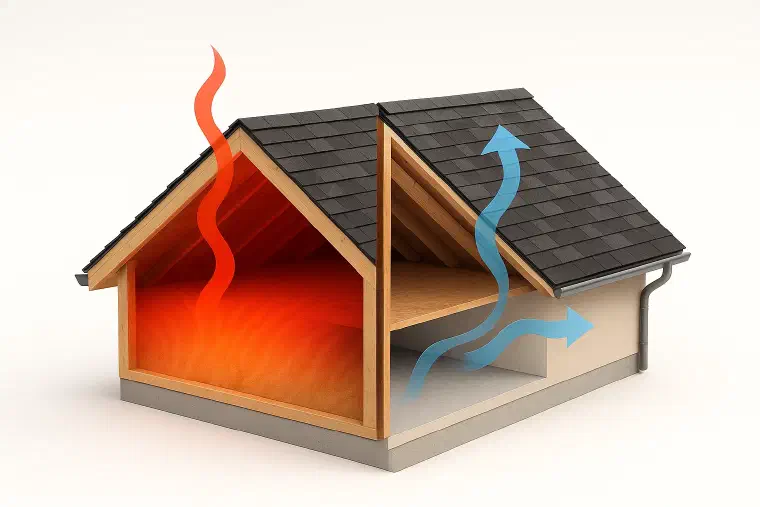 How attic heat ages shingles Cutaway comparing a hot sealed attic and a vented one below the same shingles.