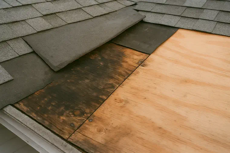 Soft decking found under shingles Dark soft plywood decking revealed where shingles have been stripped away.
