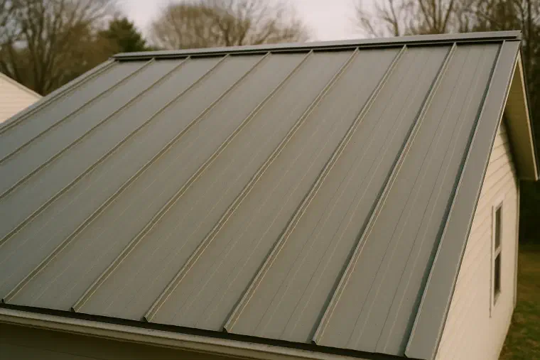 Standing seam metal roof Grey standing seam metal roof panels running up a house roof slope.