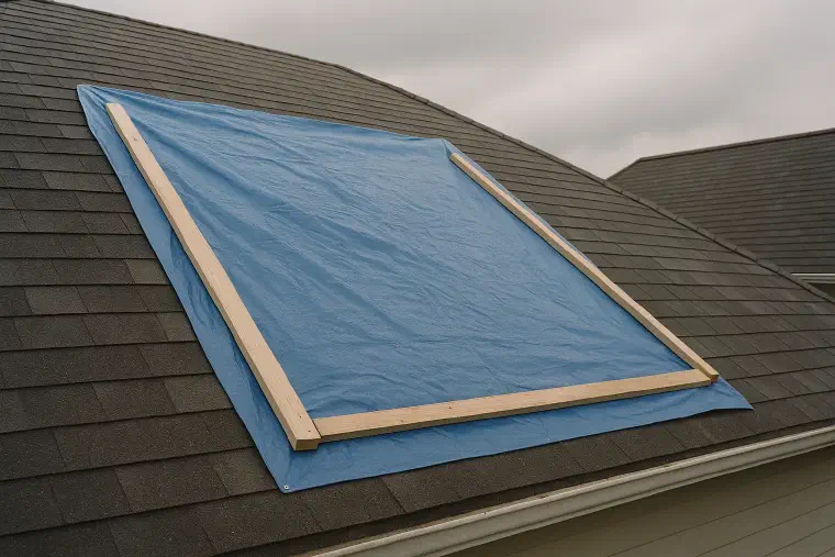 Tarp weighted over a roof section Blue tarp pulled over part of a shingle roof, held down with wooden battens.