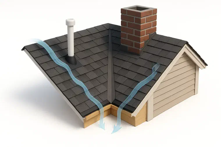 Where roof leaks actually start Cutaway of a roof showing water entering at vents, valleys and a chimney.