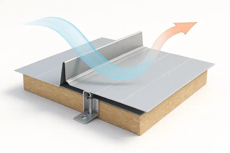 How a metal seam holds wind Cutaway of a metal roof seam clip with wind flowing over the panel.
