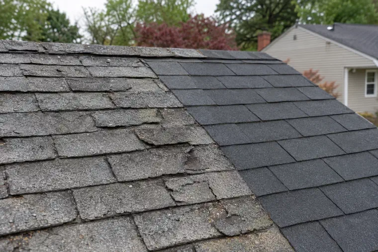 Cracked, worn gray shingles on one side of a roof beside fresh new shingles.