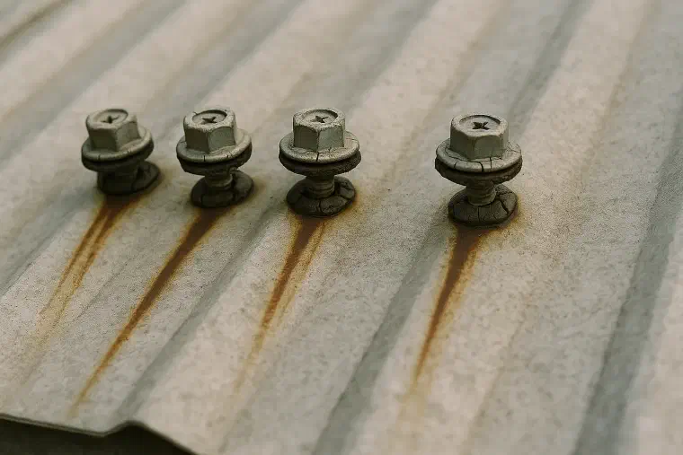 Worn washers on exposed fasteners Exposed roofing screws with cracked rubber washers and rust streaks on metal.
