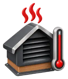 Hot attic vent and thermometer Attic roof vent beside a thermometer reading hot, with heat rising above it.