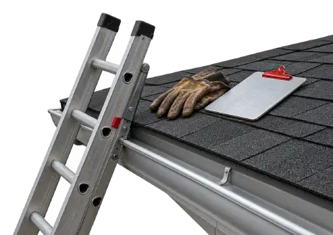 Ladder and clipboard at the roof edge Ladder against a shingle roof edge with work gloves and a clipboard.