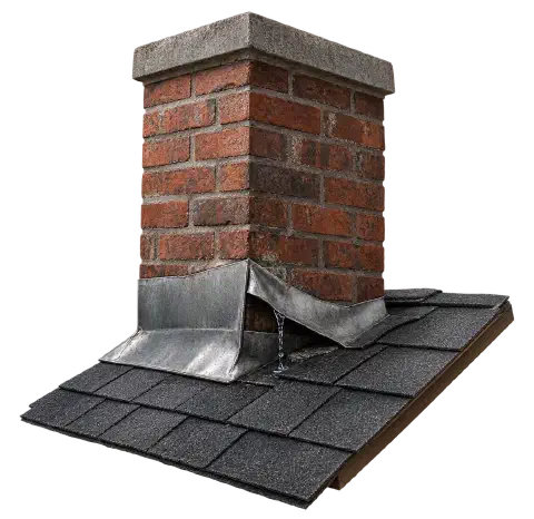 Leaking chimney with loose flashing Brick chimney on a shingle roof with its metal flashing pulled loose.
