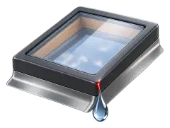 Leaking skylight dripping water Skylight window in a metal frame with a drop of water falling off.