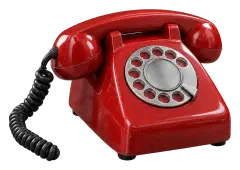 Red rotary landline telephone Red rotary landline telephone with its handset resting on a coiled cord.