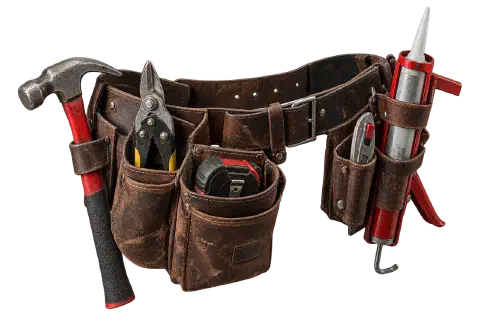 Roofer's tool belt with a hammer Leather roofer's tool belt holding a hammer, snips, tape measure and caulk gun.