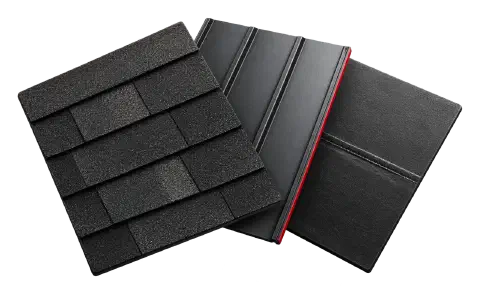 Shingle, metal and flat roof samples Samples of asphalt shingles, a metal roof panel and flat roof membrane.
