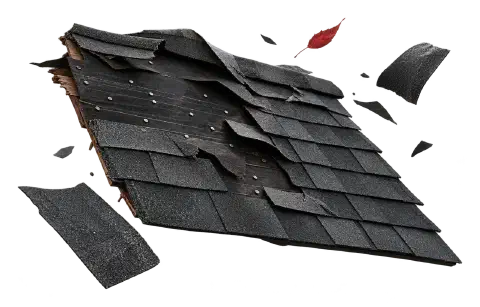 Wind-torn shingles blowing off a roof Shingle roof with a row of shingles torn off and blowing away.