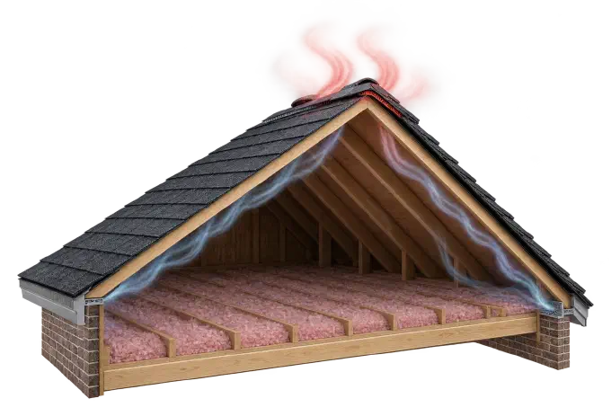 How attic air flows from soffit to ridge Cutaway attic with cool air entering the eaves and warm air leaving.