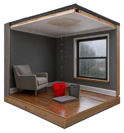 Room with buckets and a towel catching drips from a wet ceiling patch.