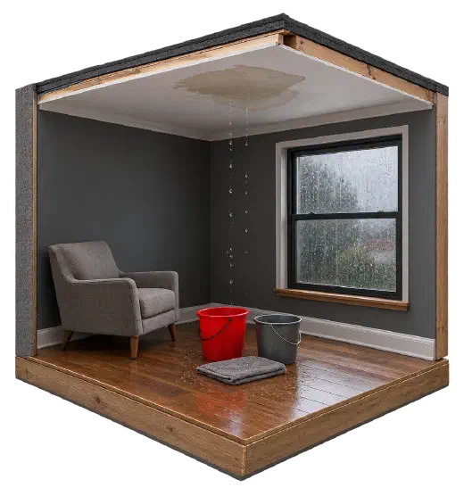 Room with buckets and a towel catching drips from a wet ceiling patch.