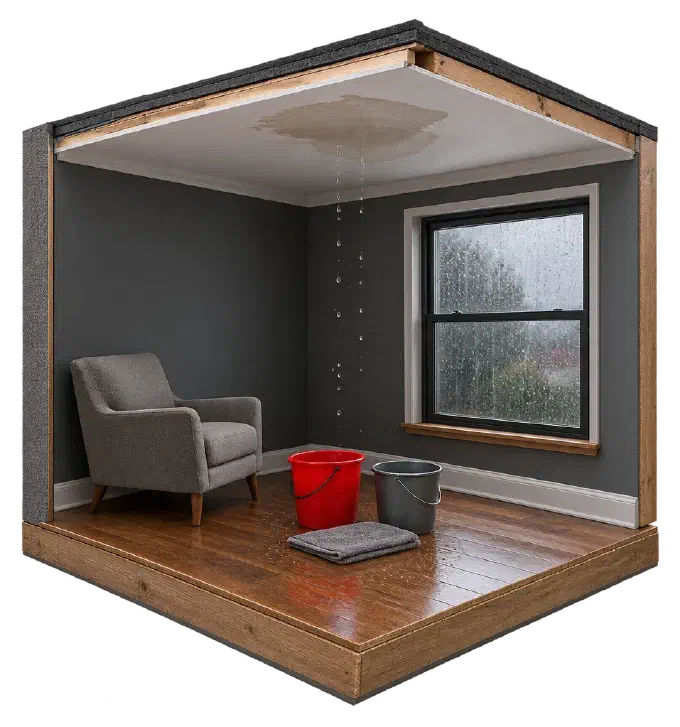 Room with buckets and a towel catching drips from a wet ceiling patch.
