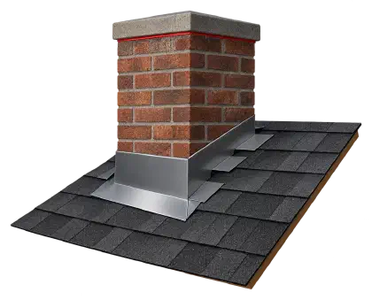 Brick chimney on a shingle roof with new metal step and counter flashing.