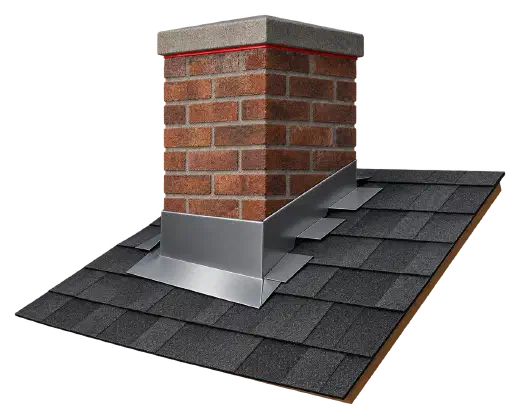 Brick chimney on a shingle roof with new metal step and counter flashing.