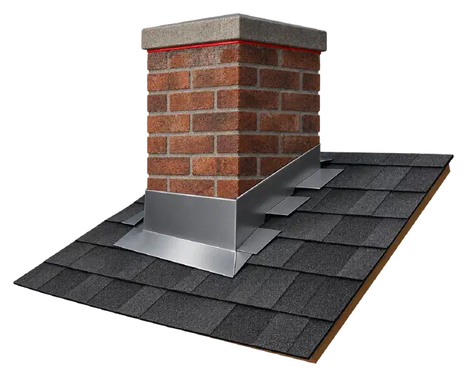Chimney step flashing and counter flashing Brick chimney on a shingle roof with new metal step and counter flashing.