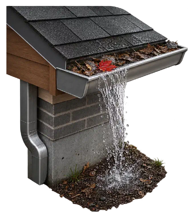 Clogged gutter overflowing onto the foundation Leaf-clogged gutter overflowing and pouring water onto soil beside a foundation wall.