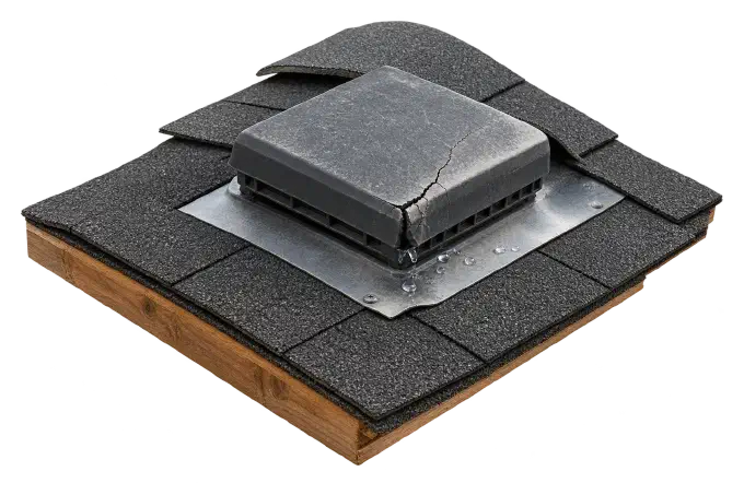 Cracked roof vent cover on shingles Cracked plastic roof vent cover on metal flashing with water beading nearby.